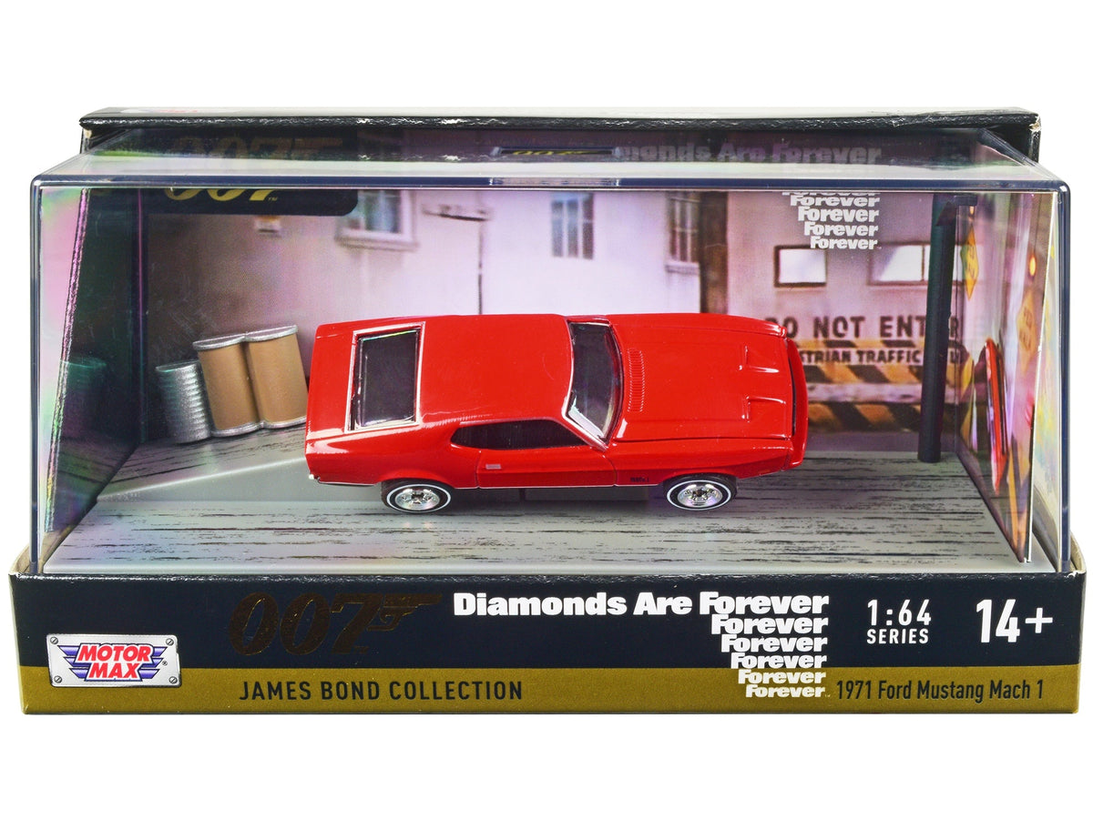 Red Motormax 1:64 1971 Ford Mustang Mach 1 from Diamonds Are Forever with display, 79824