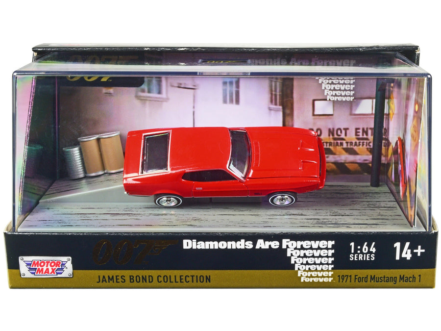 Red Motormax 1:64 1971 Ford Mustang Mach 1 from Diamonds Are Forever with display, 79824