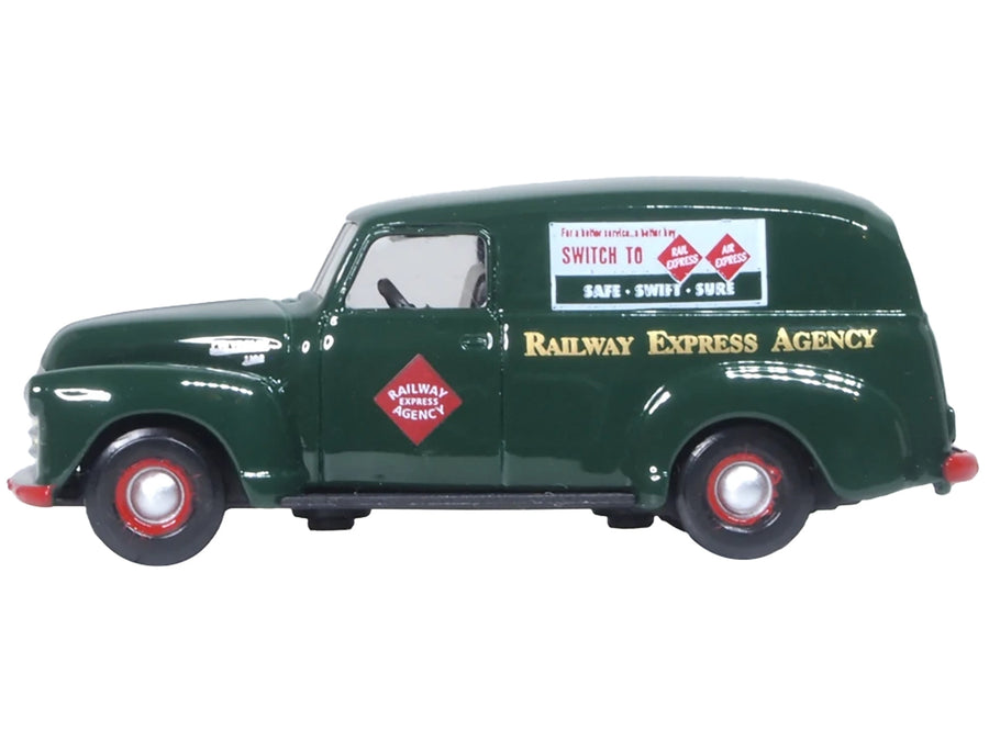 Dark-green Oxford 1950 Chevrolet panel van in Railway Express Agency decoration