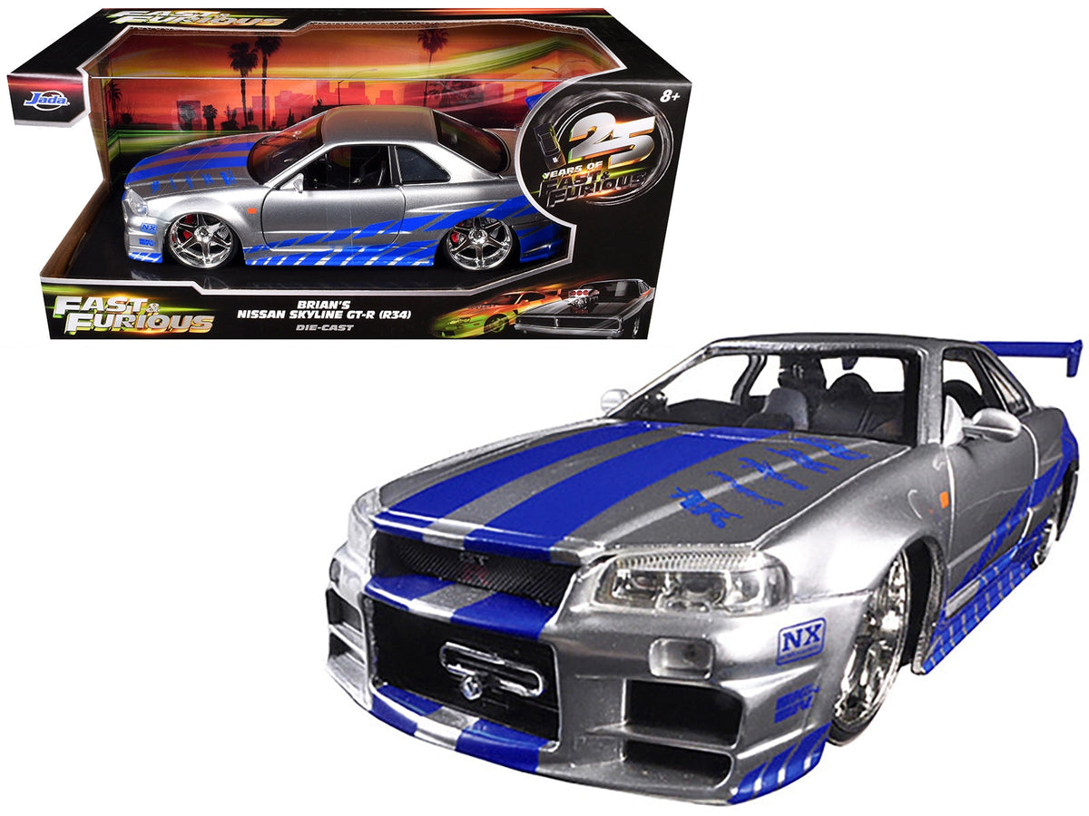 Brian’s silver Nissan Skyline R34 with blue stripes, Jada 97158-25TH in 1:24 scale