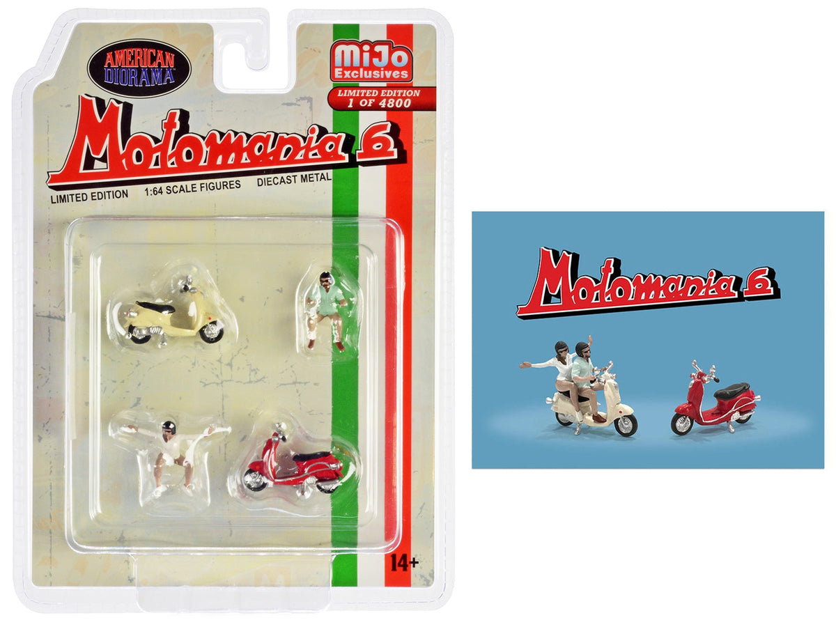 American Diorama Motomania 6 AD-76515MJ in 1:64 with two figures and two scooter models; pictured car excluded