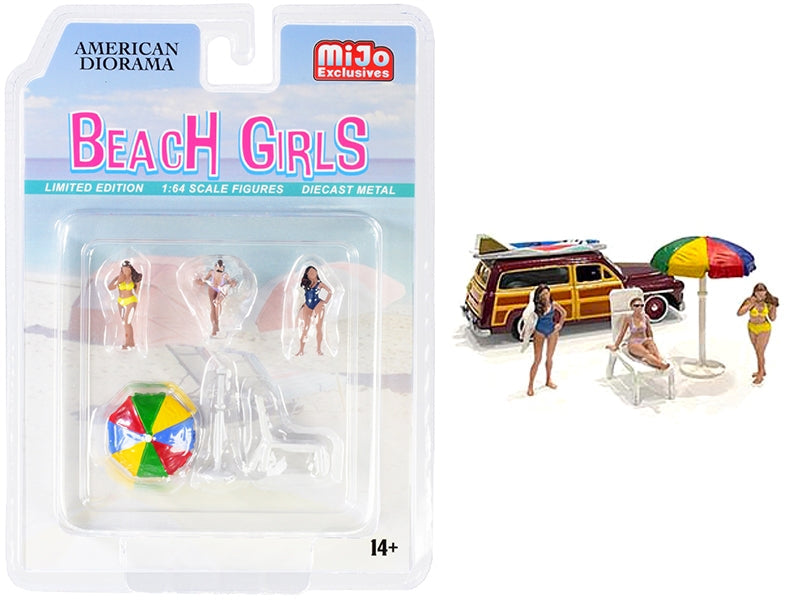 American Diorama Beach Girls AD76481 five-piece 1:64 set with three figures, beach chaise and umbrella; car excluded