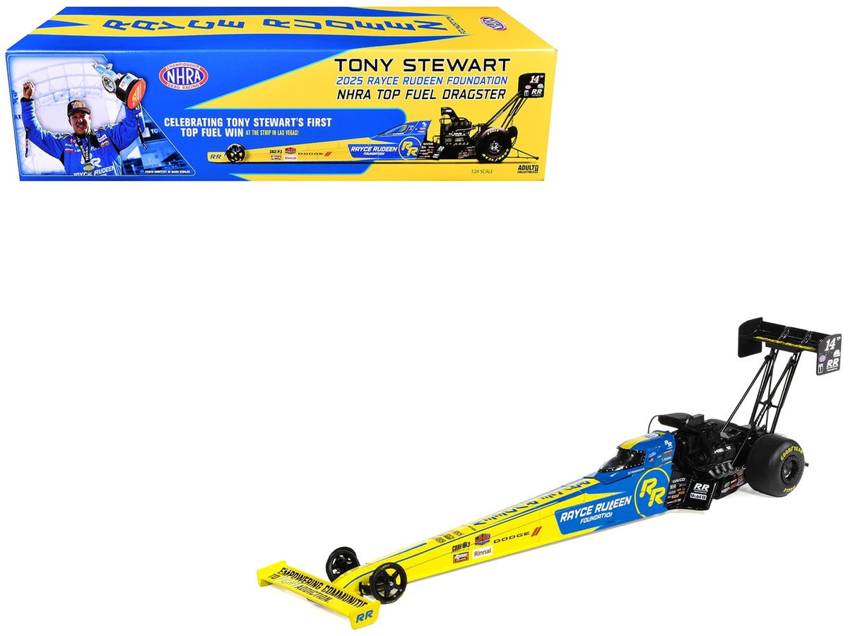 Auto World Tony Stewart number 14TF Rayce Rudeen Foundation Top Fuel dragster in blue and yellow