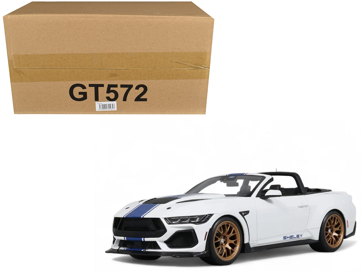GT Spirit GT572 Shelby Mustang Super Snake Convertible in white with blue stripes, 1:18 scale