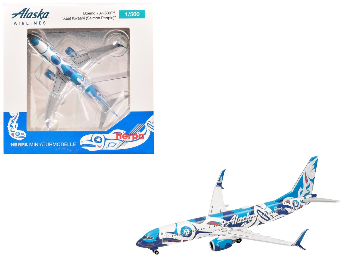 Herpa Alaska Airlines 737-800 N559AS in Xáat Kwáani Salmon People artwork, shown loose and in its illustrated package