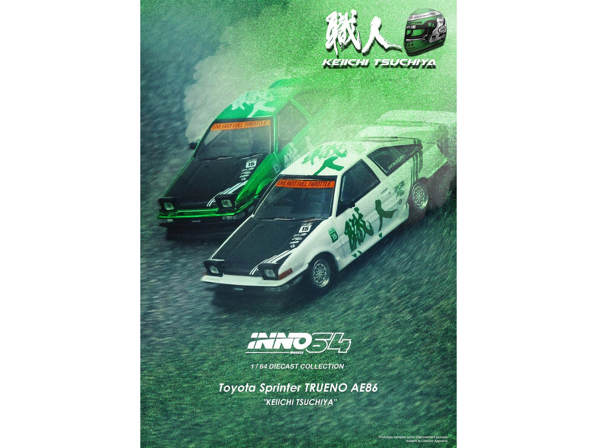 INNO64 Toyota Sprinter Trueno AE86 number 15 Keiichi Tsuchiya in white with green graphics, right-hand drive 1:64 IN64-AE86-KT, view 5