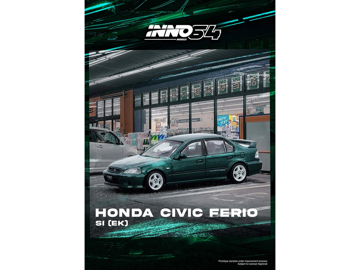 Honda Civic Ferio Si (EK) RHD (Right Hand Drive) Green Metallic 1/64 Diecast Model Car by Inno Models image 3