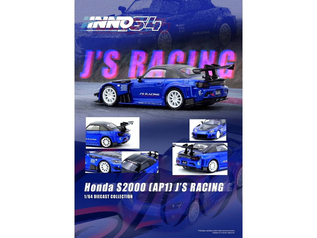 Honda S2000 RHD (Right Hand Drive) "J's Racing" Blue Metallic with Carbon Hood and Top 1/64 Diecast Model Car by Inno Models image 4