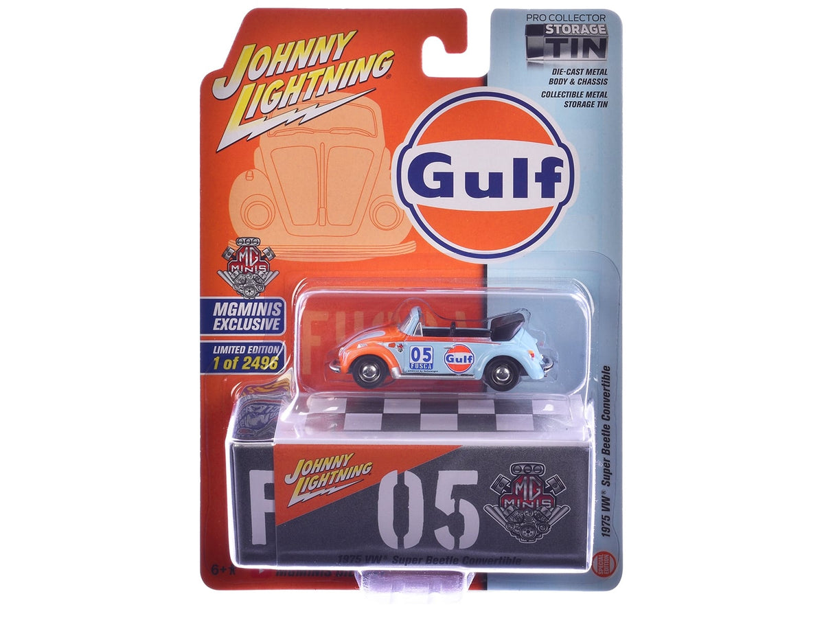Johnny Lightning Gulf number 05 Volkswagen Super Beetle convertible with collectible metal storage tin