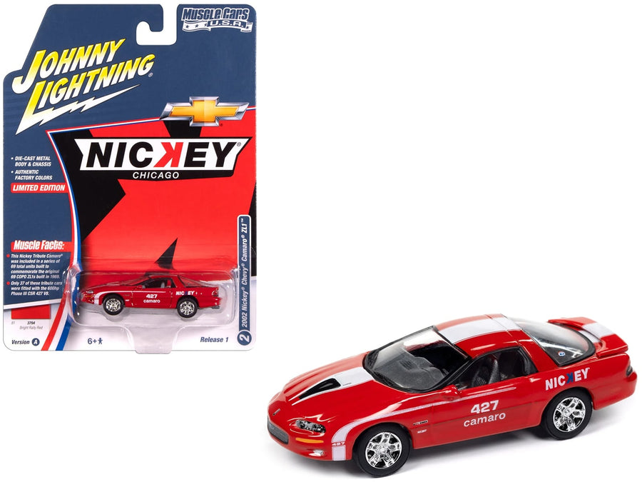 Johnny Lightning 2002 Chevrolet Nickey Camaro ZL1 Bright Rally Red white stripes 1:64 JLMC034-JLSP382A, product image 1