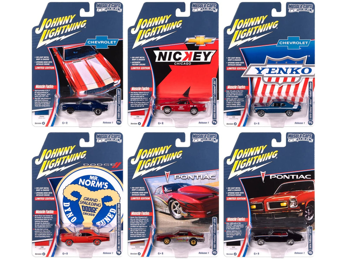 Seis modelos Johnny Lightning Muscle Cars USA 2025 Release 1 Set A en sus empaques individuales.