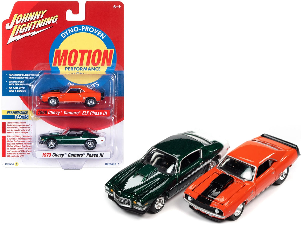Johnny Lightning Baldwin Motion Camaro two-pack in orange and green.