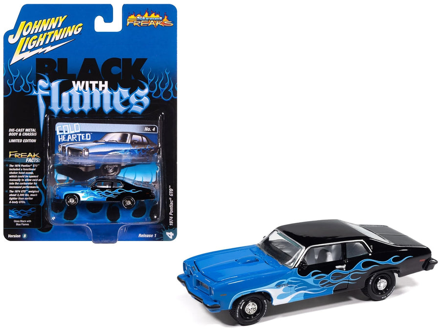 Johnny Lightning 1974 Pontiac GTO in black and blue with blue flame graphics