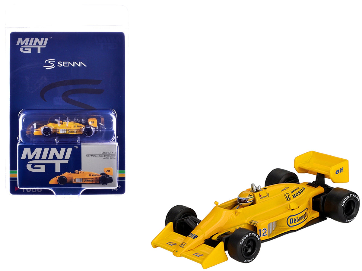 MINI GT Lotus 99T number 12 Ayrton Senna Monaco GP 1987 model and driver figure, MGT01088