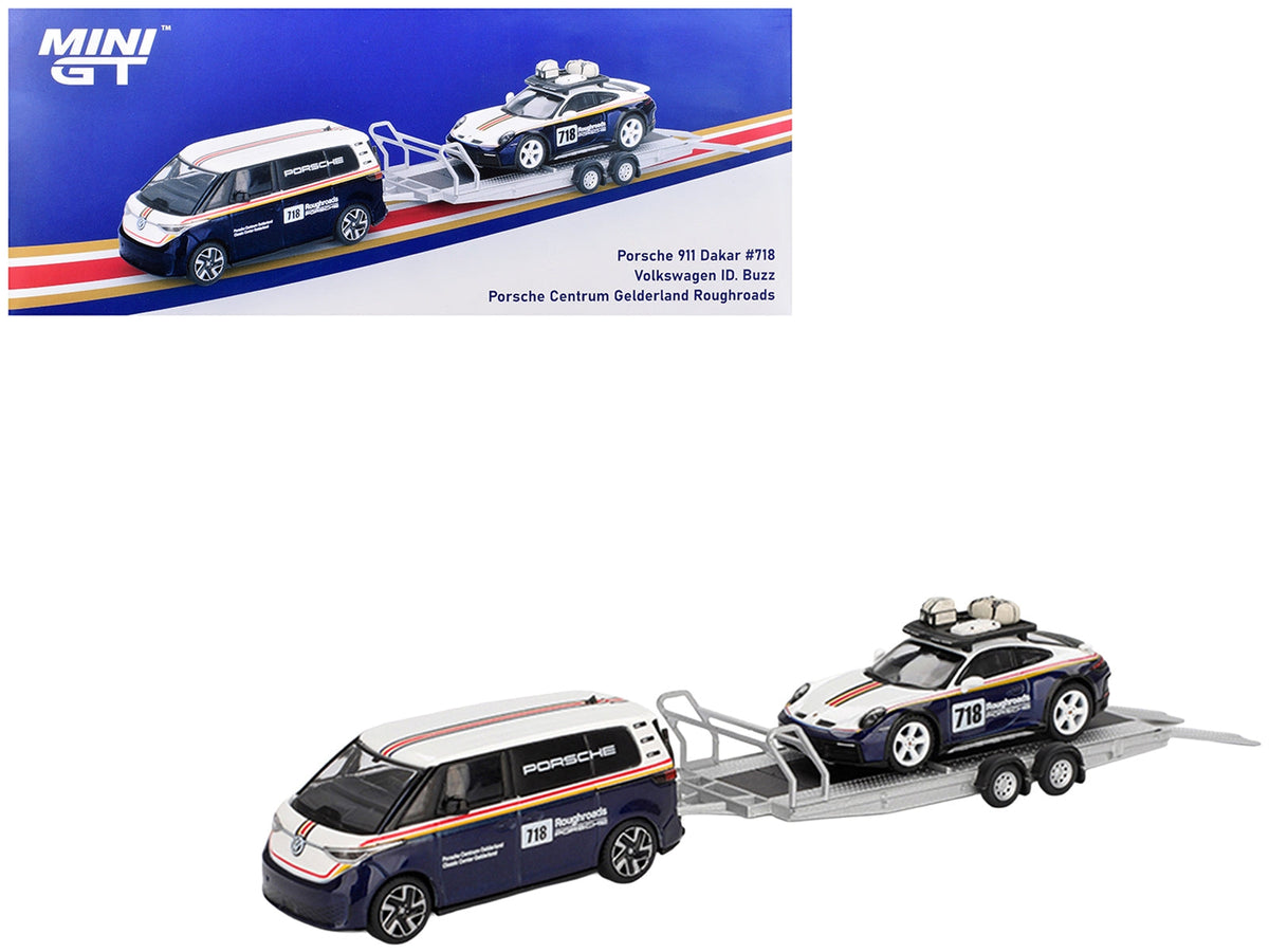 MINI GT 1:64 Roughroads set with Porsche 911 Dakar #718, Volkswagen ID. Buzz and trailer.