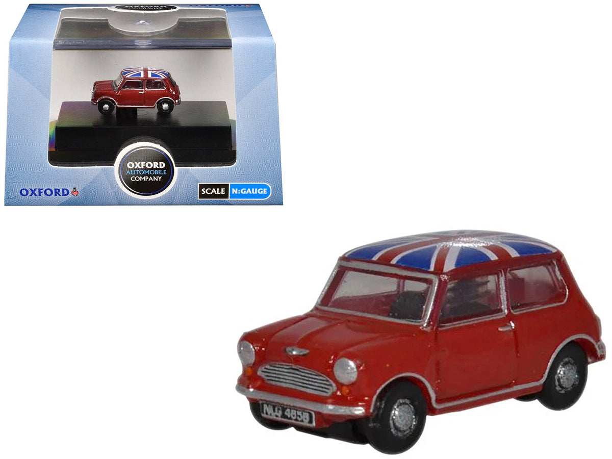 Oxford Austin Mini in Tartan Red with Union Jack roof, 1:148 N-scale model