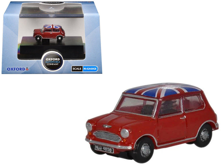 Oxford Austin Mini in Tartan Red with Union Jack roof, 1:148 N-scale model
