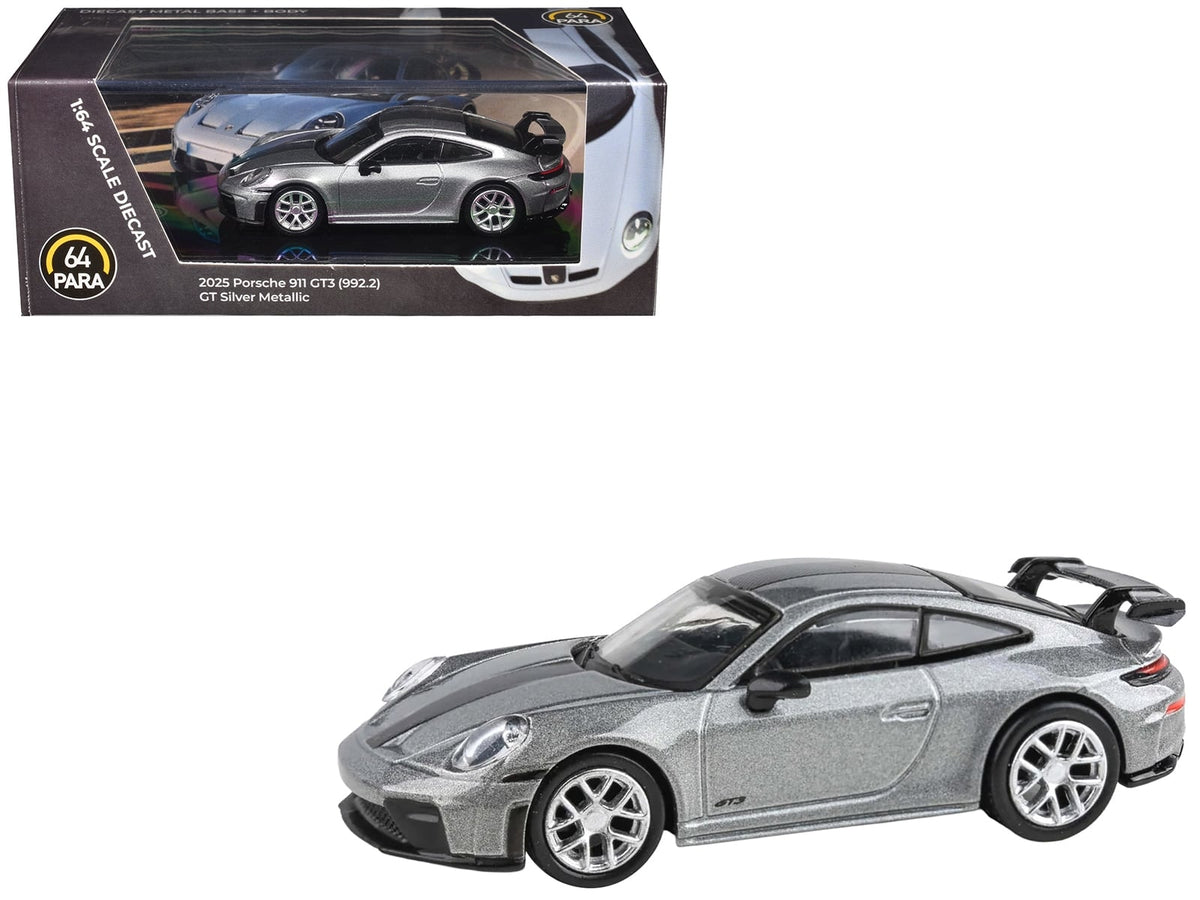 2025 Porsche 911 GT3 (992.2) GT Silver Metallic with Carbon Stripe 1/64 Diecast Model Car by Paragon Models