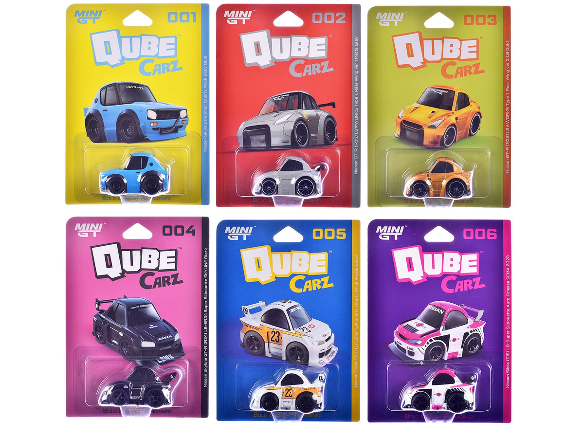 MINI GT QubeCarz Series 1 six-car Nissan assortment with stylized Liberty Walk designs.