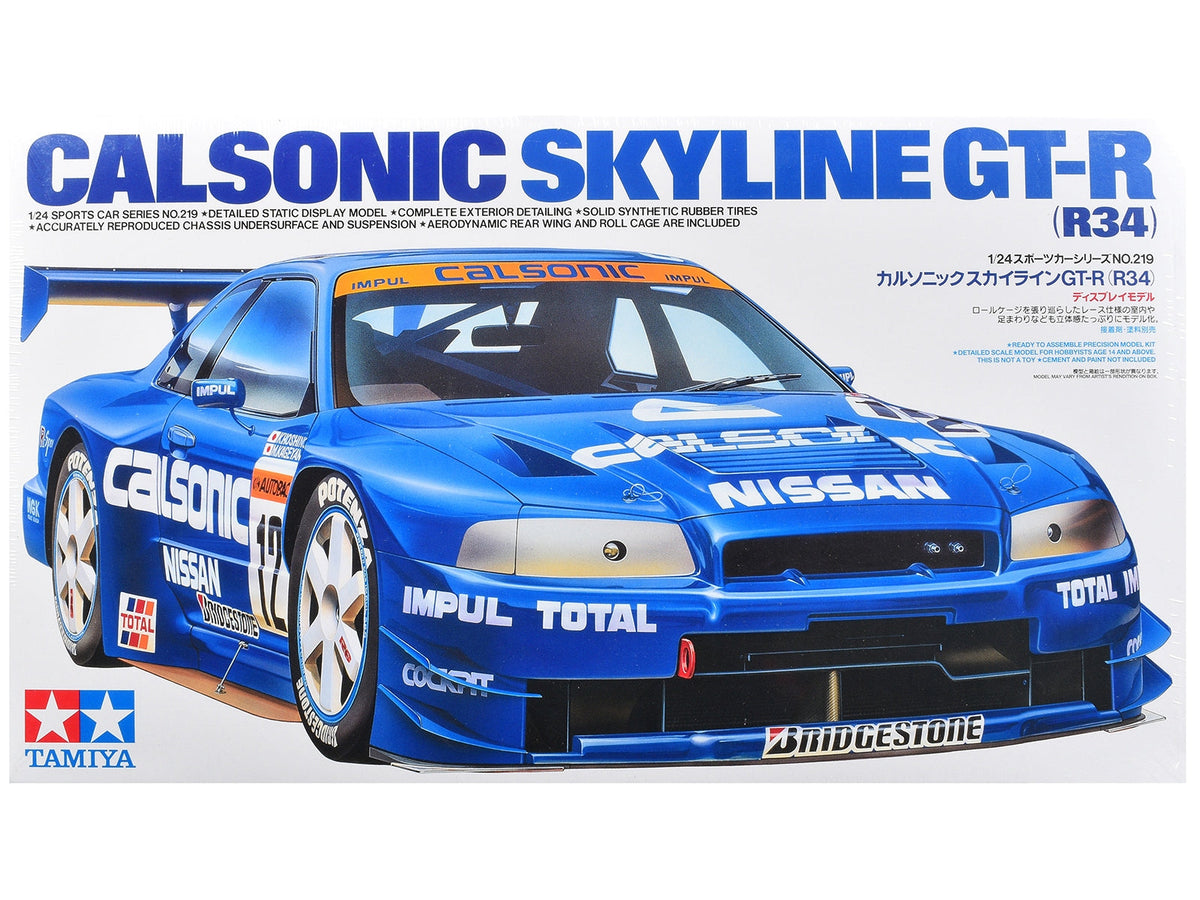 Caja Tamiya 24219 con ilustración del Calsonic Skyline GT-R R34 azul número 12