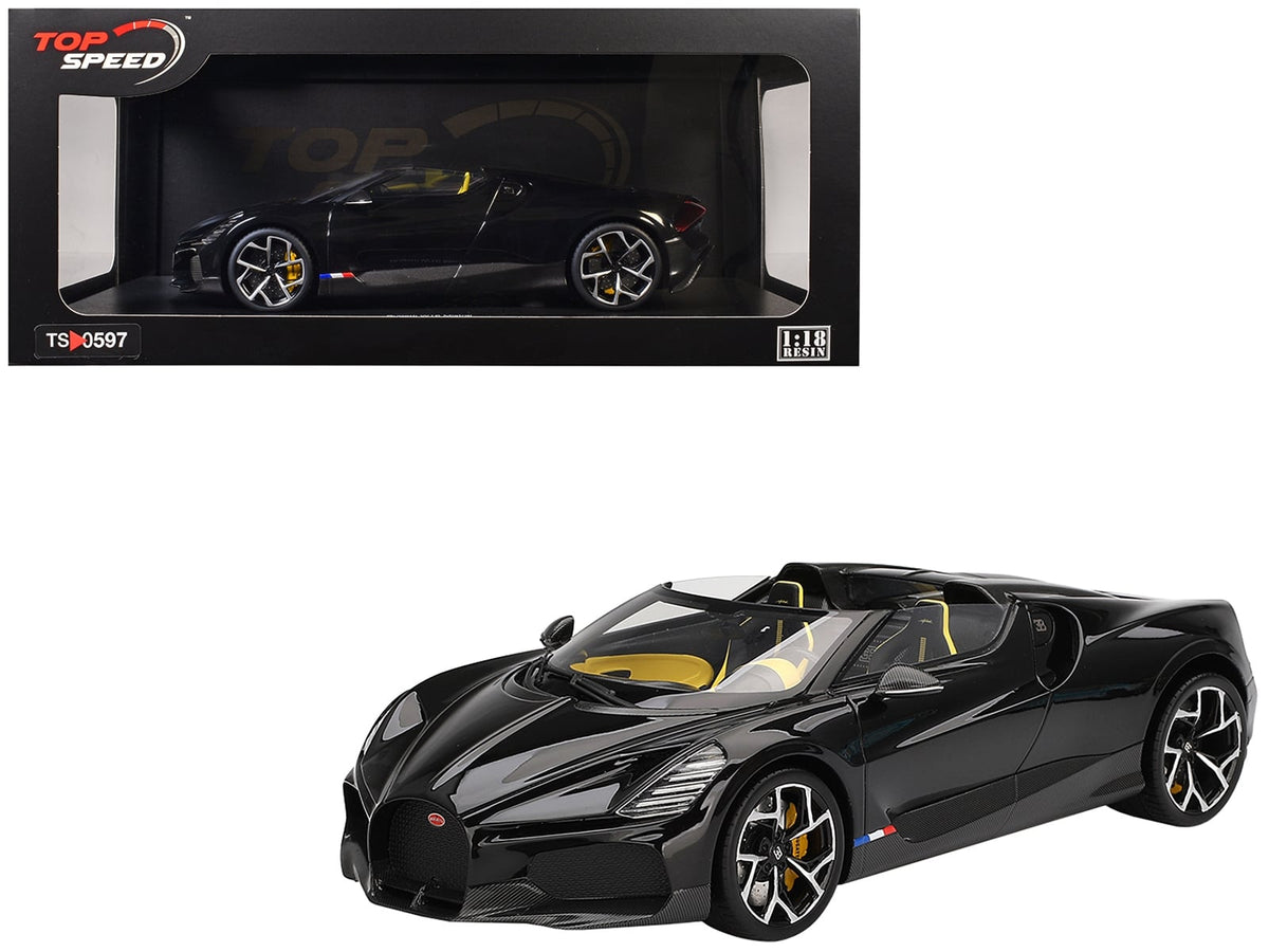 Bugatti W16 Mistral Black with Yellow Interior 1/18 Model Car by Top Speed