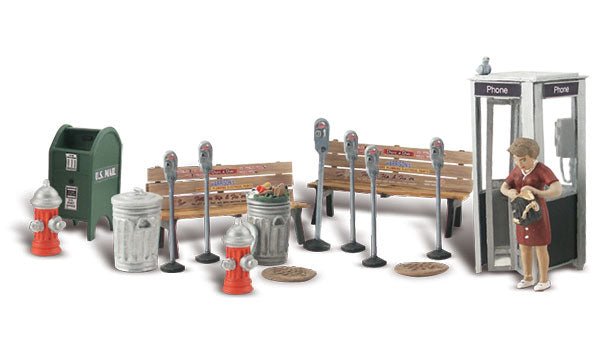Woodland Scenics A2764 O scale Street Accessories, painted miniature set.