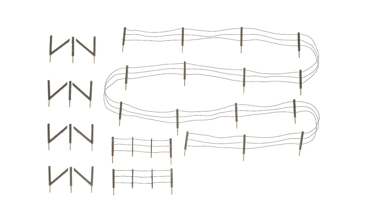 Woodland Scenics A2980 HO scale Barbed Wire Fence with gates, corner posts and braces.