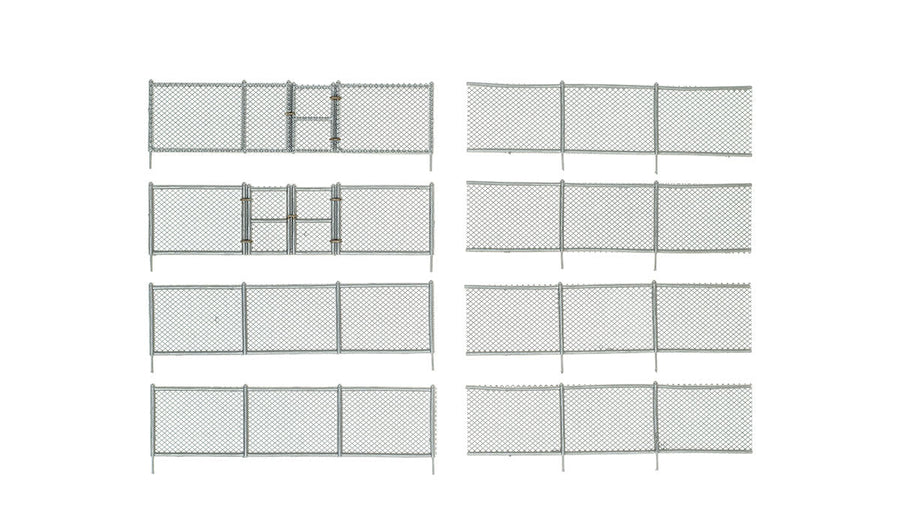 Woodland Scenics A2983 HO scale Chain Link Fence, manufacturer view of eight fence sections including gates.