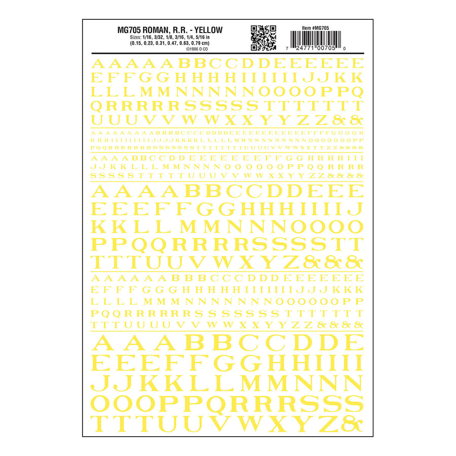 Woodland Scenics MG705 Roman Railroad Yellow dry transfer lettering sheet.