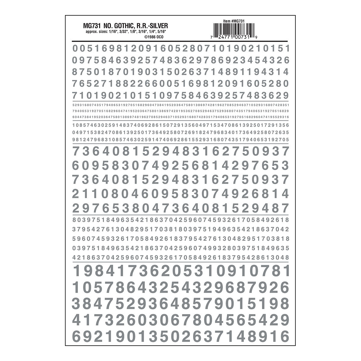 Woodland Scenics MG731 Gothic Railroad Silver numbers dry transfer sheet.