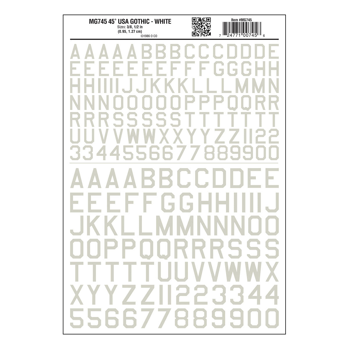 Woodland Scenics MG745 white usa gothic lettering dry-transfer decal sheet, manufacturer sheet design.