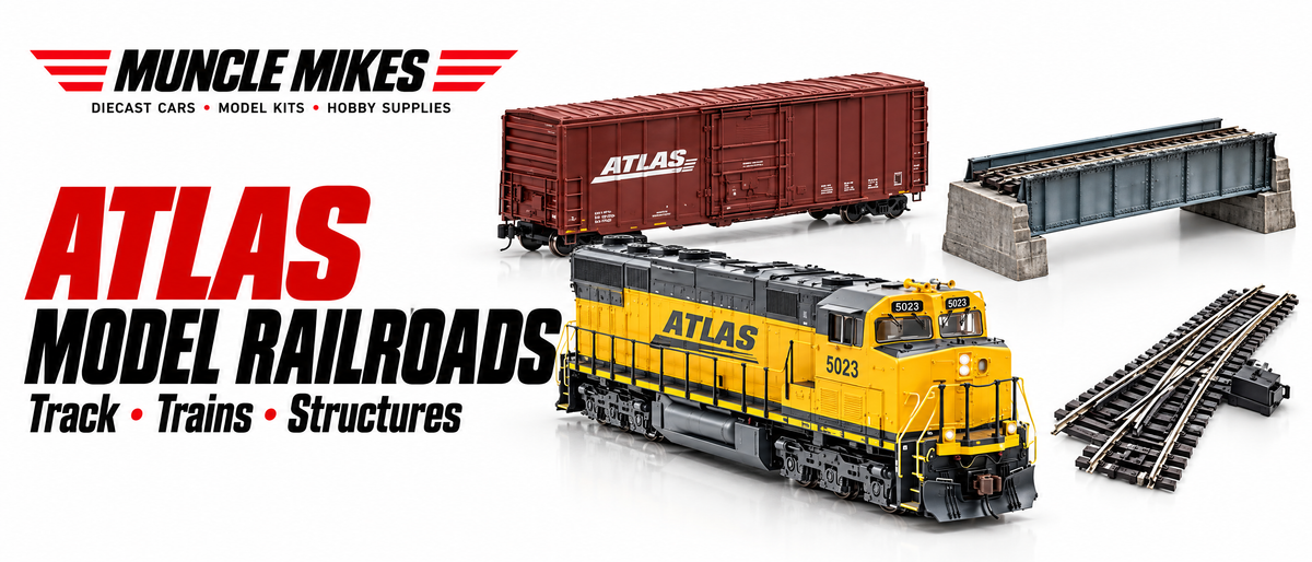 Muncle Mikes Atlas collection artwork: illustrative model locomotive, boxcar, railroad bridge and turnout.