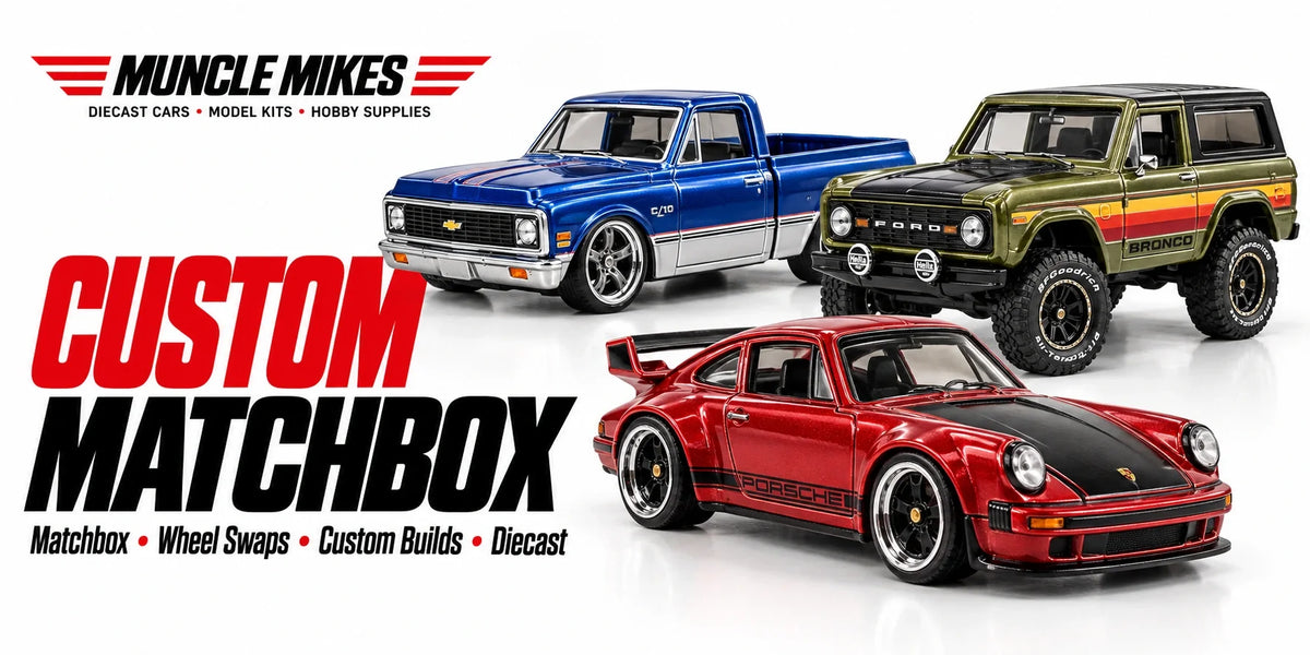 Muncle Mikes collection artwork: Custom Matchbox with illustrative pickup, SUV and sports-car wheel-swap builds