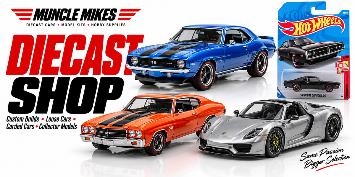 Muncle Mikes diecast shop collection artwork: Custom Builds, Loose Cars, Carded Cars, Collector Models