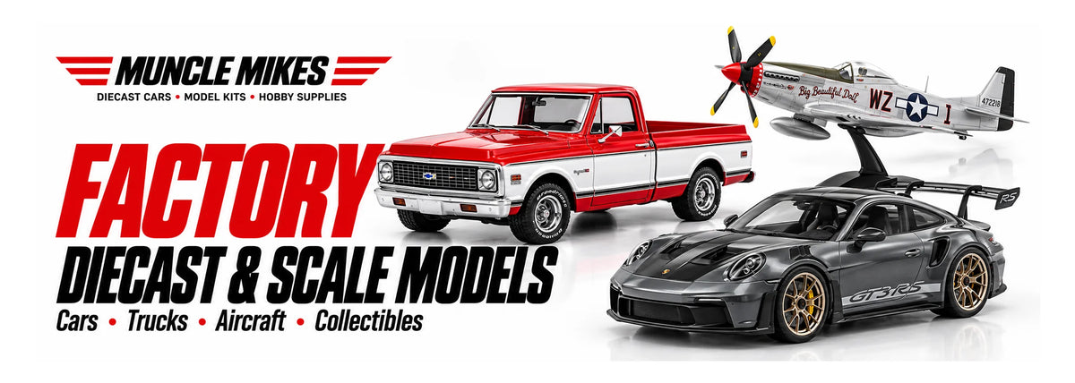 Muncle Mikes collection artwork: factory diecast and scale models, with illustrative pickup, sports car and aircraft on a white background.