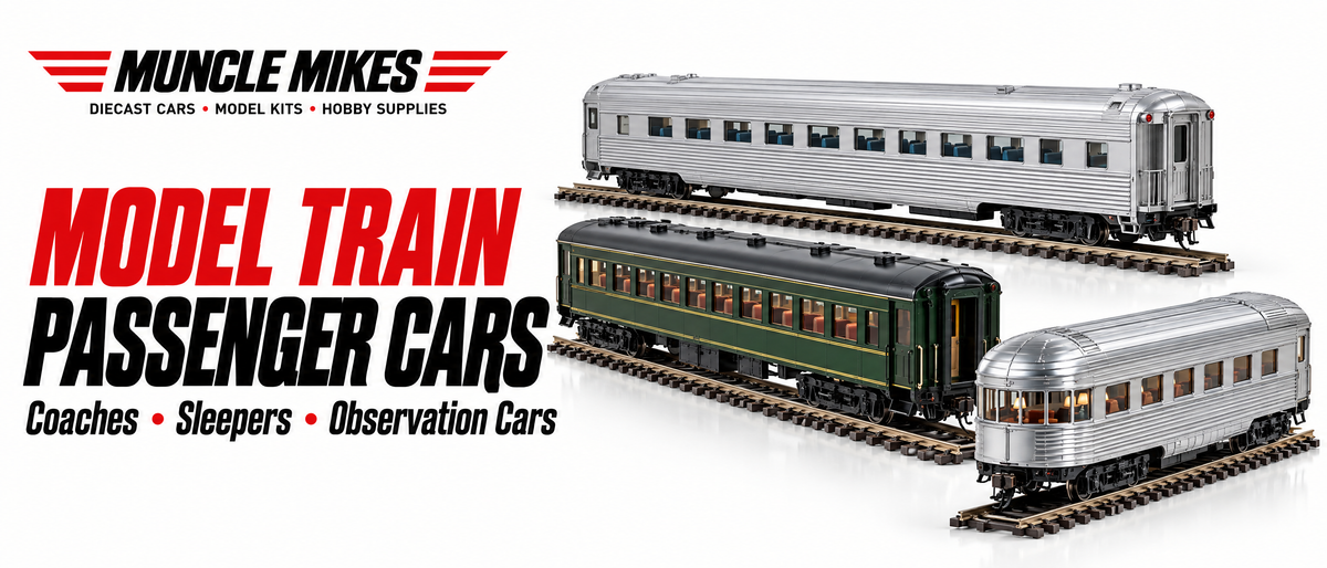 Muncle Mikes model train passenger cars collection artwork: illustrative silver coaches, green passenger carriage and observation car on a white MM banner.