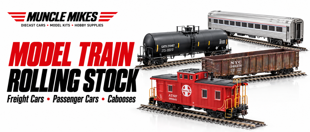 Muncle Mikes model train rolling stock collection artwork: illustrative caboose, gondola, tank car and passenger coach on a white MM banner.