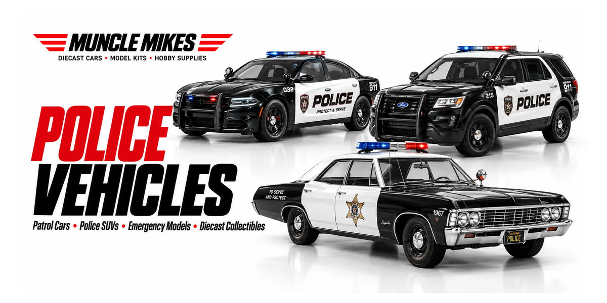 Muncle Mikes collection artwork: illustrative police sedans and patrol SUV; complete white category banner.