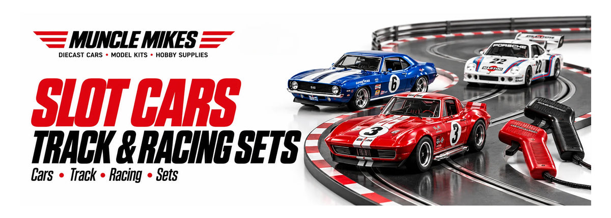 Muncle Mikes collection artwork: slot cars, track and racing sets, with illustrative race cars and handheld controllers on white.