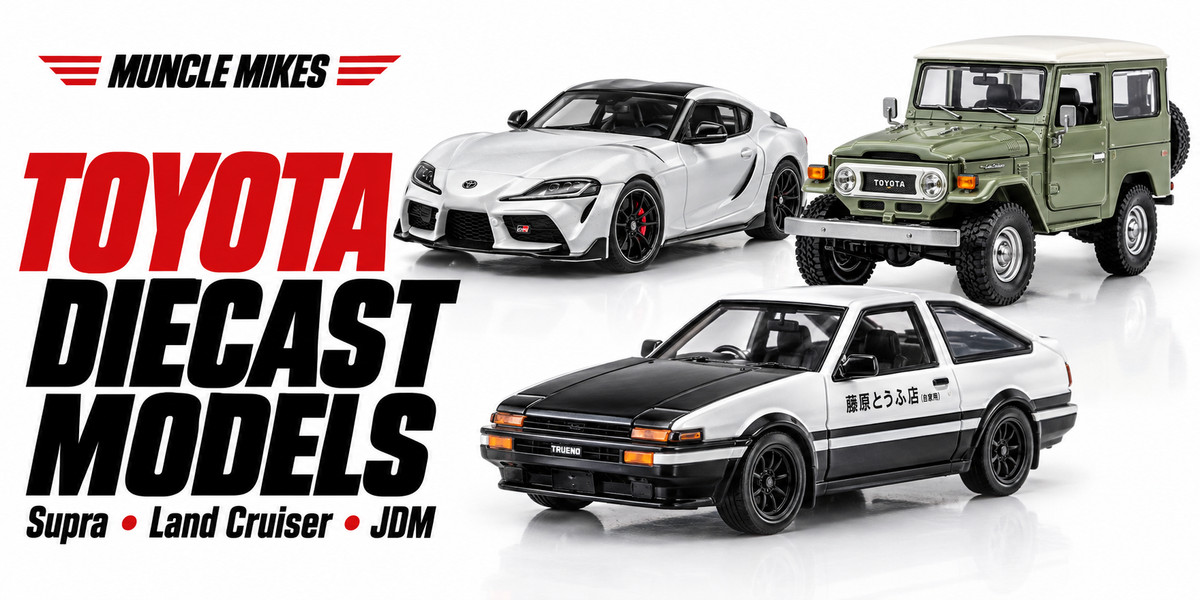 Muncle Mikes Toyota diecast models collection artwork: Supra, Land Cruiser, JDM