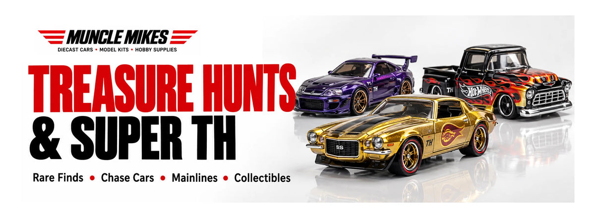 Muncle Mikes collection artwork: illustrative Treasure Hunt and Super Treasure Hunt diecast cars with the red-wing Muncle Mikes logo; actual releases and condition are shown in individual listings.