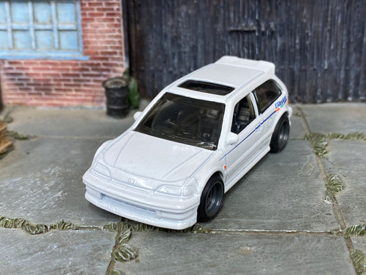 Custom Hot Wheels - Honda Civic EF - White GREDDY - Black 4 Spoke Wheels - Rubber Tires