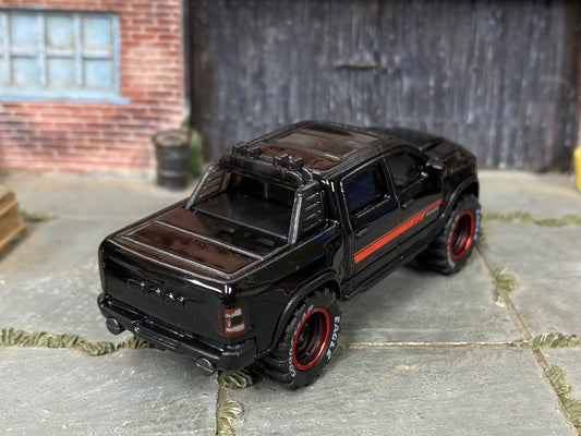 Custom Hot Wheels - 2023 Dodge Ram 1500 4X4 - Black and Red - Black and Red Mag Wheels - Rubber Tires