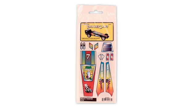 PineCar P475 Track Twister template and stick-on decals in the clear retail package