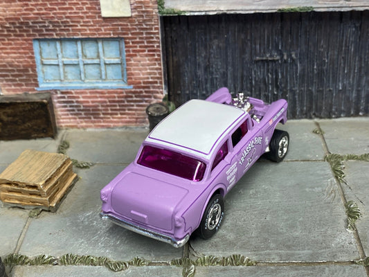 Custom Hot Wheels - 1955 Chevy Gasser - Purple and White Triassic-Five - Chrome AMR Wheels - Goodyear Slicks