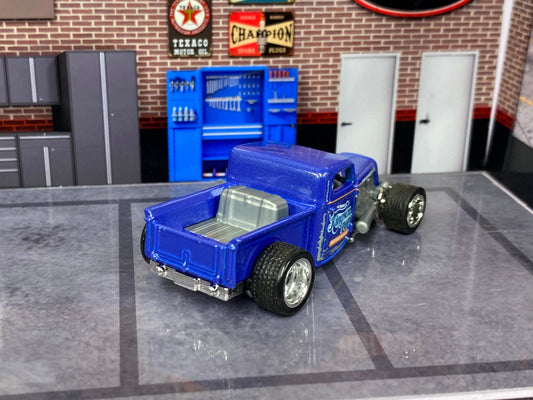 Custom Matchbox - 1935 Ford Pick Up Truck Hot Rod - Blue - Chrome 5 Spoke Wheels - Rubber Tires