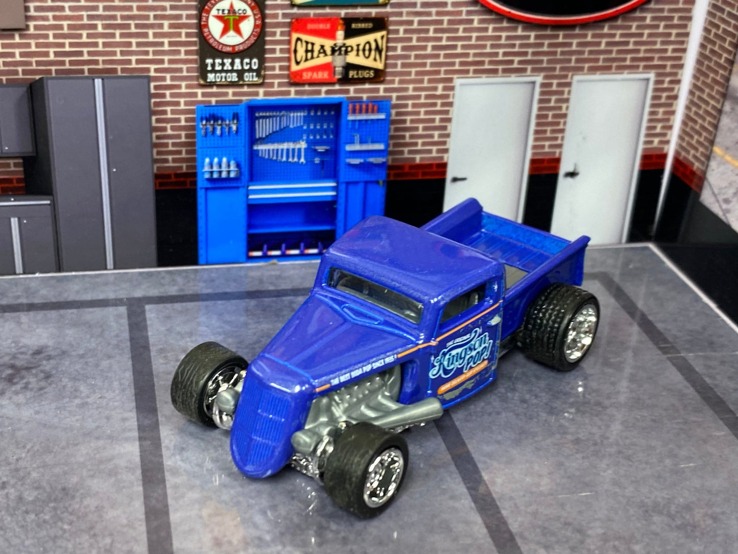 Custom Matchbox - 1935 Ford Pick Up Truck Hot Rod - Blue - Chrome 5 Spoke Wheels - Rubber Tires
