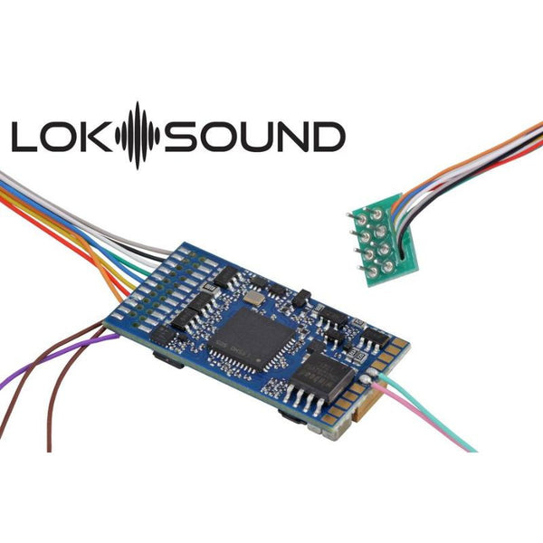 ESU 58420 LokSound 5 DCC sound decoder, board and eight-pin NEM652 plug.