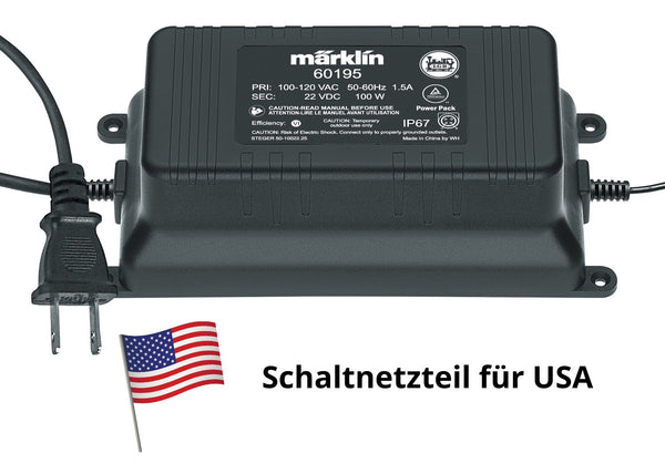 Märklin 60195 120V 100 VA switched-mode power pack with US power plug.