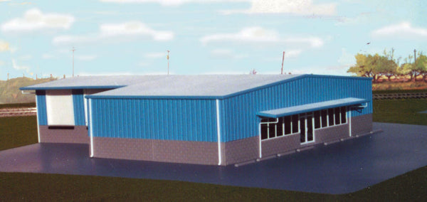 Pikestuff 541-0103 HO Piping and Mechanical Contractors building kit, assembled blue industrial building